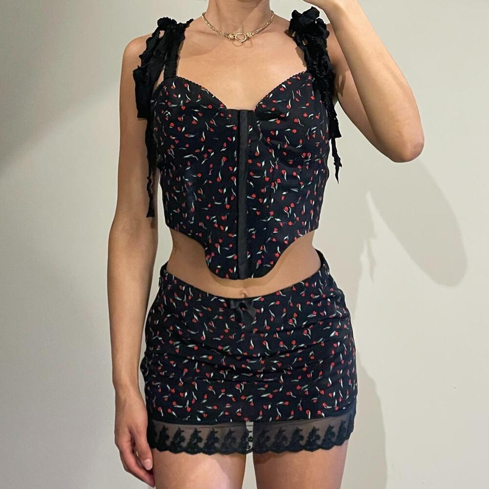 Black Floral Crop Top and Skirt Set